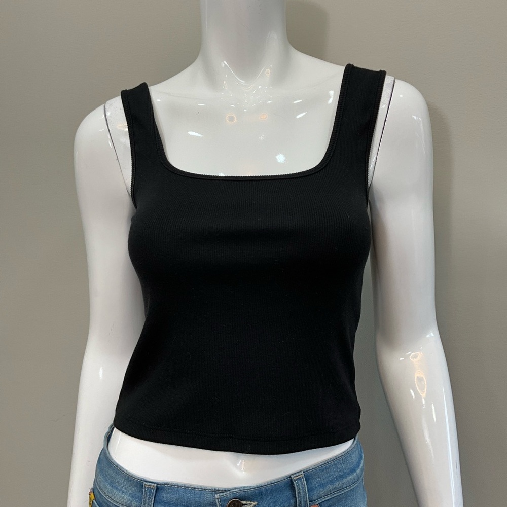 PERFECTWHITETEE Black Ribbed Square Neck Crop Tank Top S